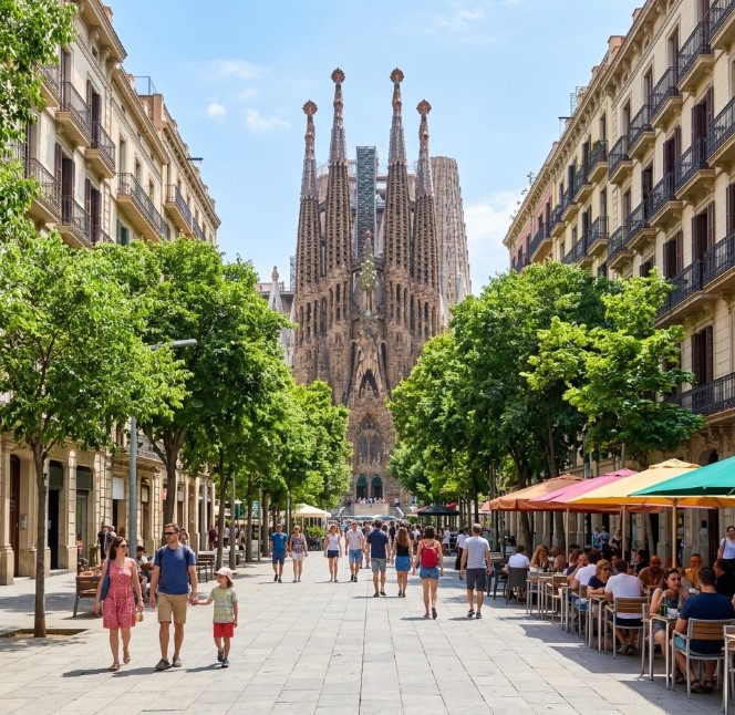 Vistas de las zonas peatonales, la Avenida Gaudí y el entorno de la Basílica de la Sagrada Família